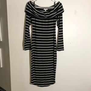 Black and White Striped Form Fitting Knit 3/4 length dress